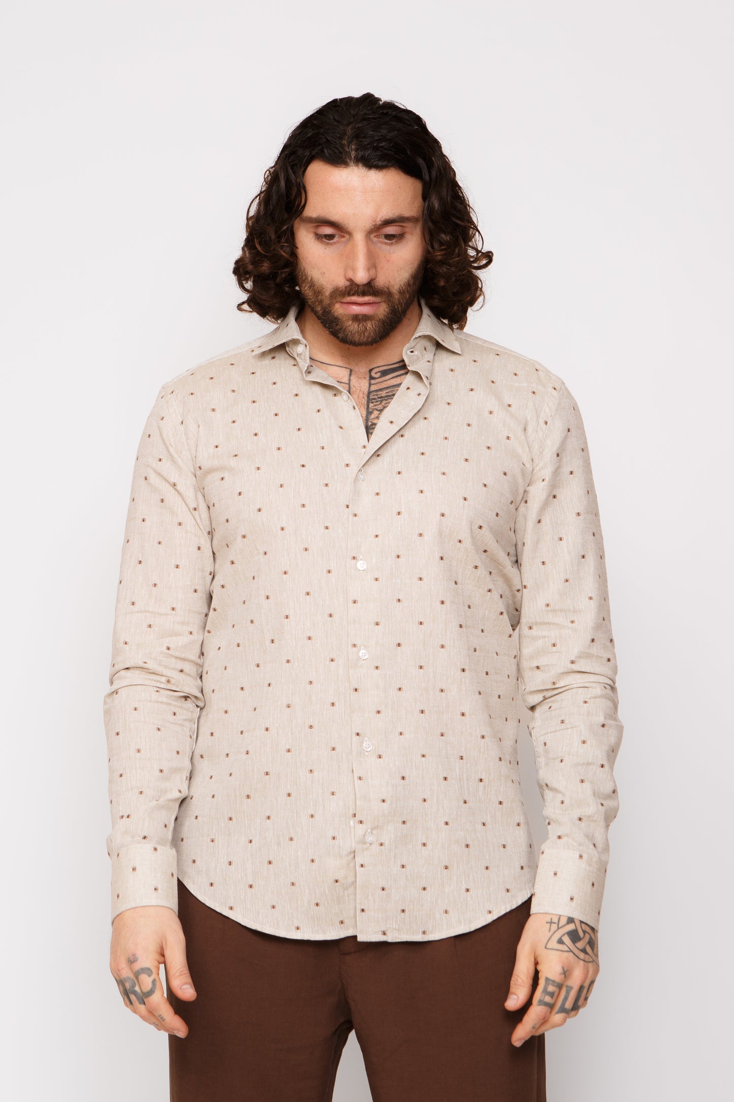 Camicia lino collo francese - Camicia lino beige/moro fantasia coupe