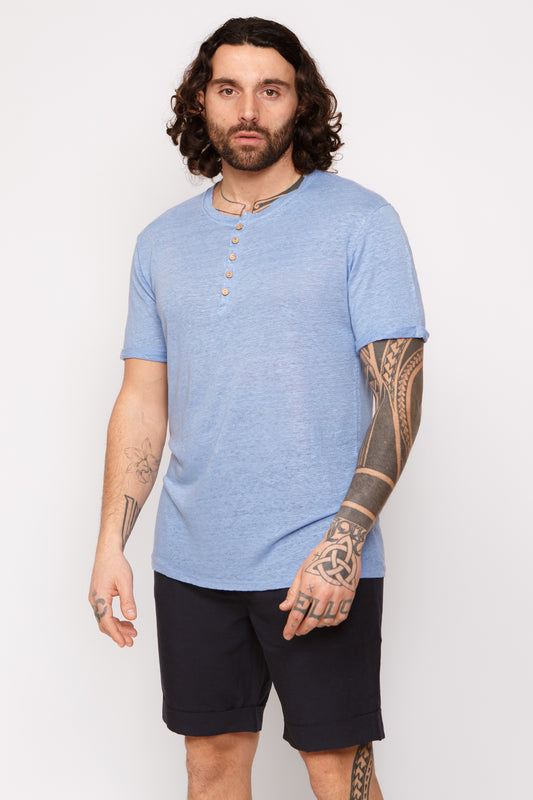 Serafino lino - T-shirt serafino celeste